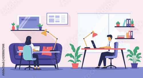 Two people working on laptops at desks in a modern, minimalist home office setting