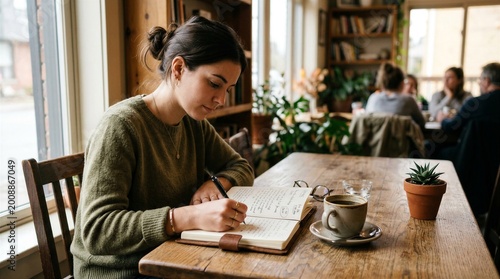Calm Productivity Moment with Notebook Writing and Coffee