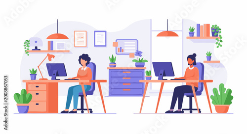 Two people working on computers at desks in a modern, bright office with plants