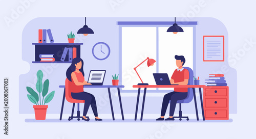 Two people working on laptops at desks in an office with plants and books