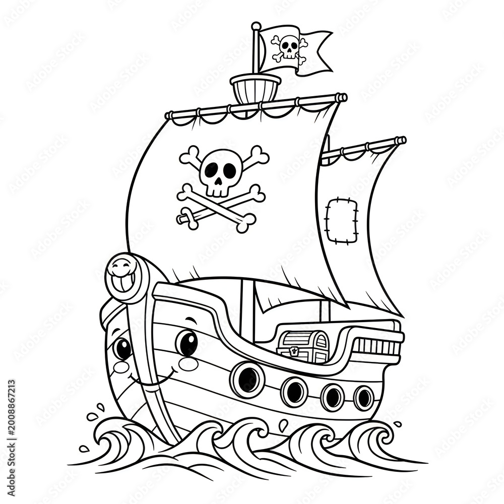 Fototapeta premium Cute pirate ship with a skull and crossbones flag sailing on the wavy ocean sea in a fun cartoon style line art drawing for kids coloring book page illustration