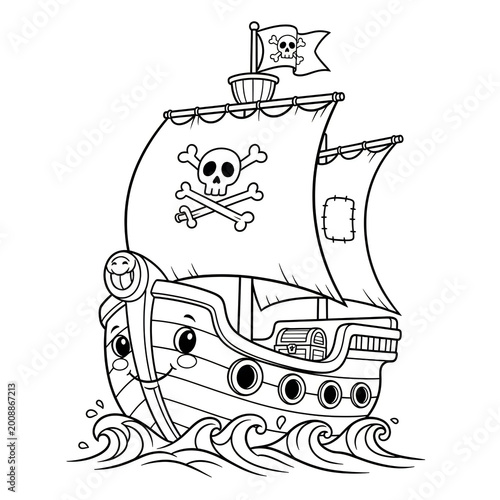 Cute pirate ship with a skull and crossbones flag sailing on the wavy ocean sea in a fun cartoon style line art drawing for kids coloring book page illustration