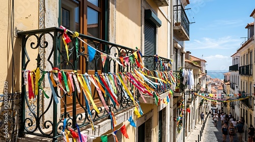 Colorful ribbons and flags decorate a Lisbon balcony overlooking a street Portugal