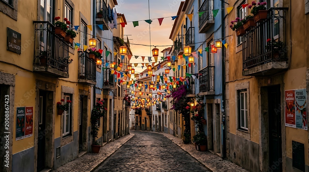 Fototapeta premium Empty cobblestone street lined with colorful lanterns and flags alley narrow