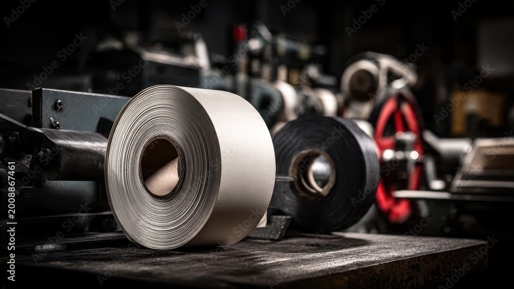 Fototapeta premium Tape Rolls Displayed in Workshop Environment Highlighting Tools