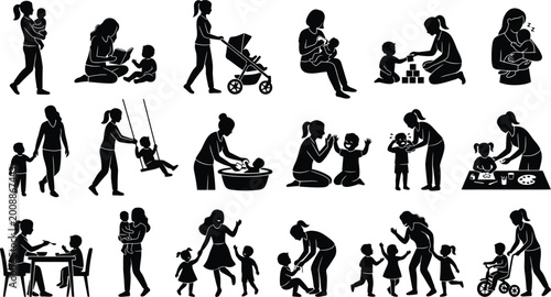 Canvastavla Mother and child daily life activities vector icons isolated on white background
