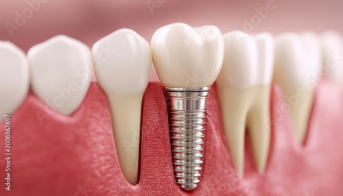 Dental Restoration Demonstration: Dental Implant Placed Between Natural Teeth In Gum Model. Mimicking A Real Dental Procedure For Learning Purposes.