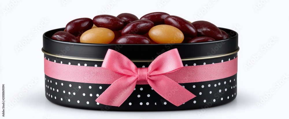 Fototapeta premium Oval tin of assorted candies with pink bow evokes love and joy for anniversary celebrations
