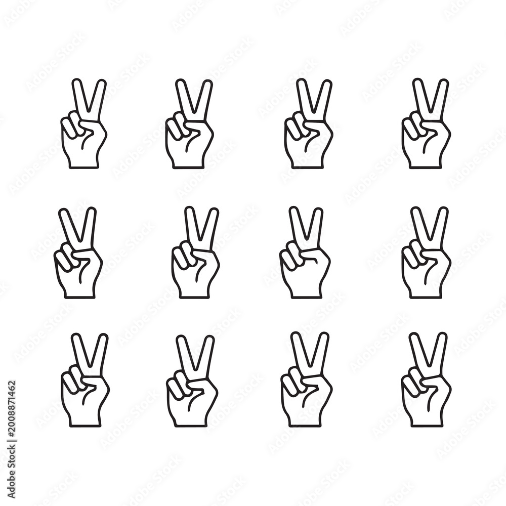 Fototapeta premium Twelve instances of a hand showing the peace sign in a clean line art style for graphic design