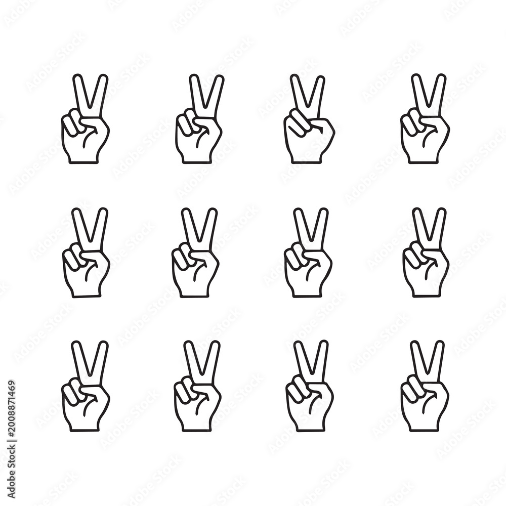 Fototapeta premium Twelve V hand gestures in a grid during a bright studio setting