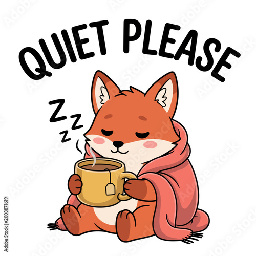 Fotografi Cute cartoon fox with coffee mug.