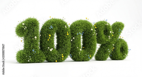 100 percent symbol made of green grass and blooming wildflowers isolated on white background, conceptual 3D illustration for organic, halal, and vegan product quality guarantee.