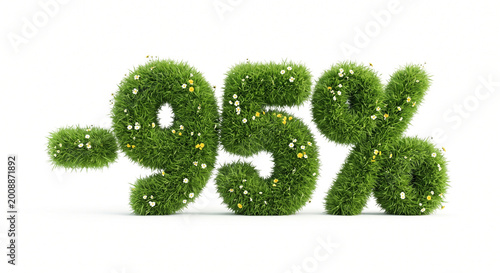 Eye-catching 3D render of a -95% discount sign crafted from lush green grass and adorned with delicate blooming wildflowers. For spring and summer seasonal sales, promotional offers
