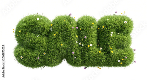 3D word SALE made of fresh green grass decorated with blooming wildflowers isolated on white background for spring and summer seasonal promotions.