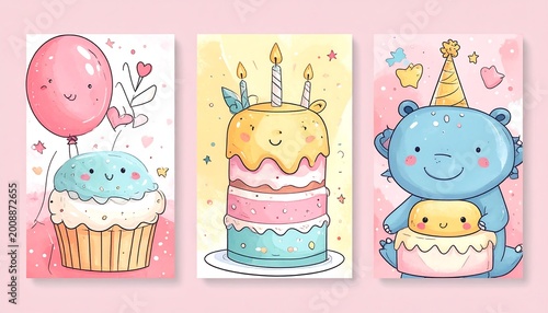 Three colorful watercolor birthday illustrations feature a cupcake, a multi-layered cake with candles, and a hippo with a small cake