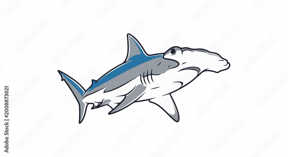 Fototapeta premium A cartoon hammerhead shark swims to the right against a white background
