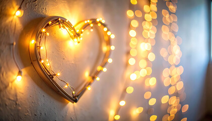 Heart shaped decoration with warm glowing fairy lights, soft bokeh, romantic atmosphere, love symbol