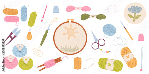 Canvastavla Cozy flat illustration of handmade embroidery tools