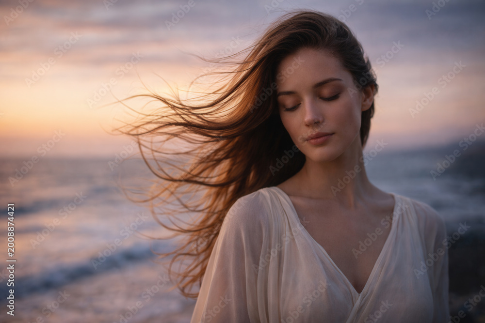 Fototapeta premium Serene Woman With Windblown Hair By Ocean At Sunset