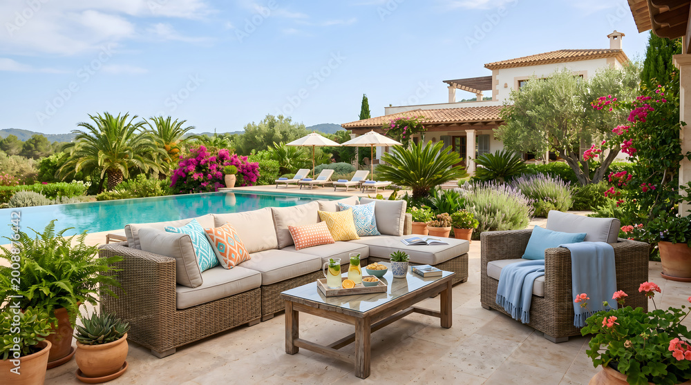 Obraz premium This upscale backyard patio features a large swimming pool, woven outdoor seating, lush tropical plants, and Mediterranean-style villa architecture for relaxing leisure time.