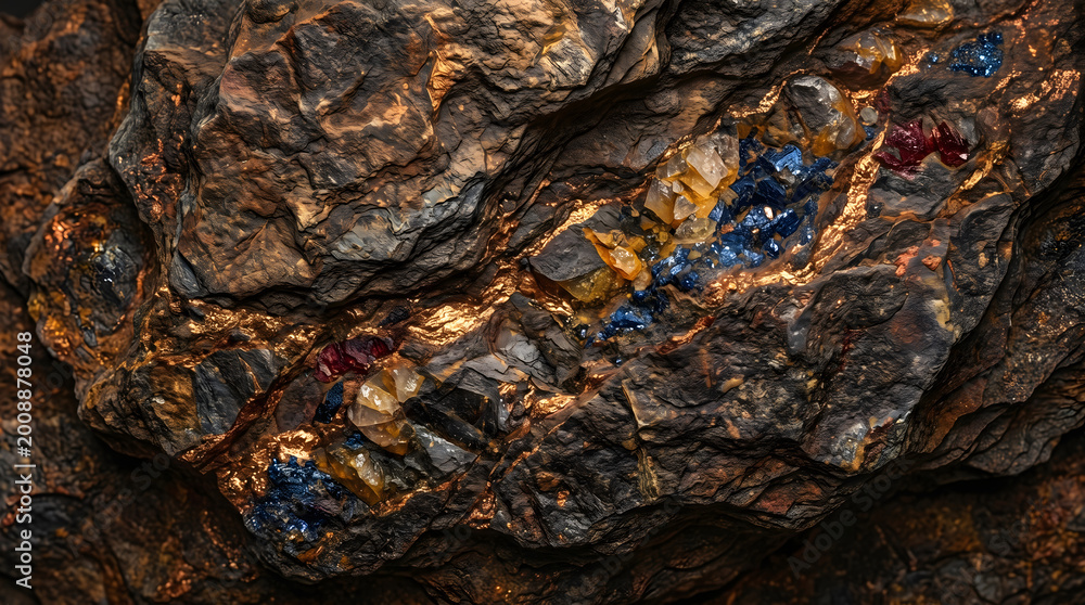Fototapeta premium This macro closeup shows a natural rock matrix containing embedded colored gemstone crystals, displaying rich earthy tones and vibrant mineral accents.