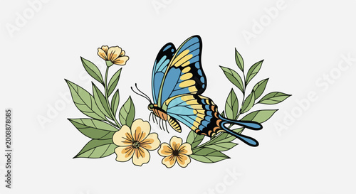A vibrant blue and yellow butterfly rests on delicate yellow flowers surrounded by green leaves
