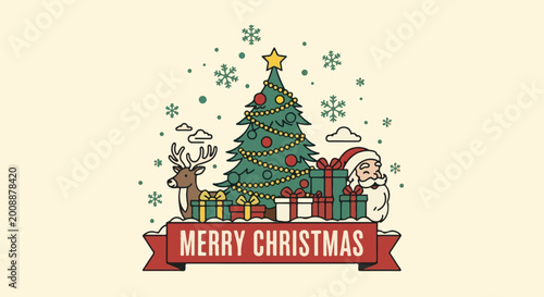 A festive scene with Santa, a reindeer, a decorated tree, gifts, snowflakes, and clouds, with 