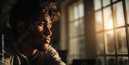 Man gazing out the window in deep thought during quiet moment at home