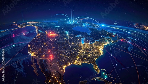 North America at night from space, illuminated city lights across U.S., Canada, Mexico, Earth’s curvature glowing blue, digital network lines overlay symbolizing connectivity, technology, and communic