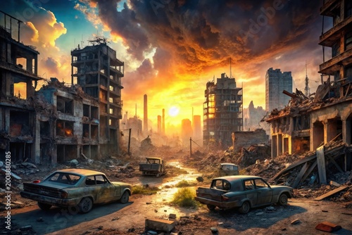 Post apocalyptic city ruins at sunset with cars.