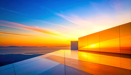modern architecture reflecting a dramatic sunset with vibrant orange and blue sky, clean lines, expansive vista, cityscape below, sense of luxury and future