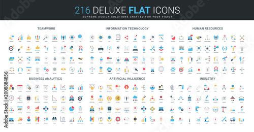 Flat icon set covers teamwork, information technology, human resources, business analytics, artificial intelligence, industry concepts for digital and business projects isolated vector illustration