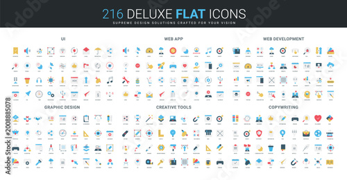 Comprehensive flat icon collection covering user interface, web app, development, graphic design, creative tools, and copywriting concepts isolated vector illustration