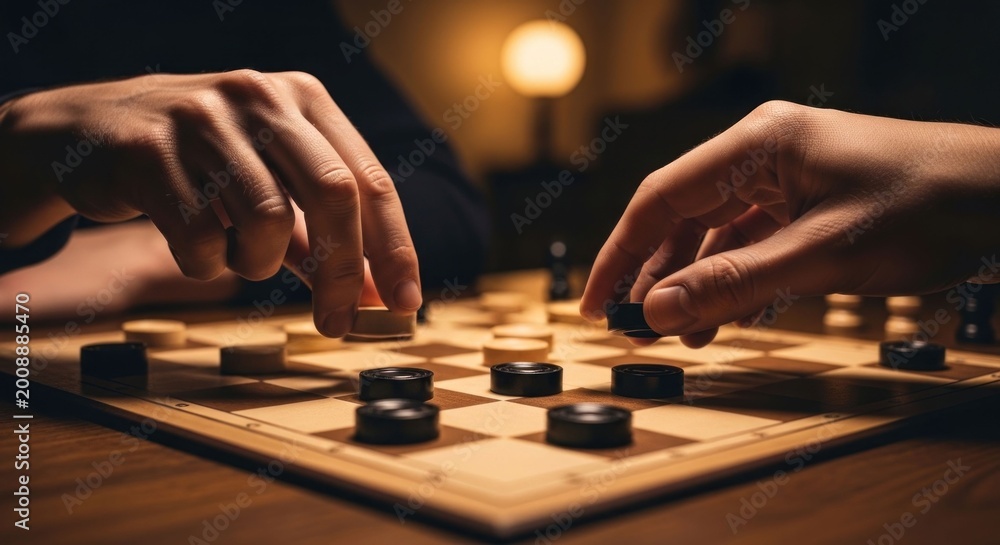 Fototapeta premium Close-up of Hands Playing Checkers on a Wooden Board, Strategic Game.