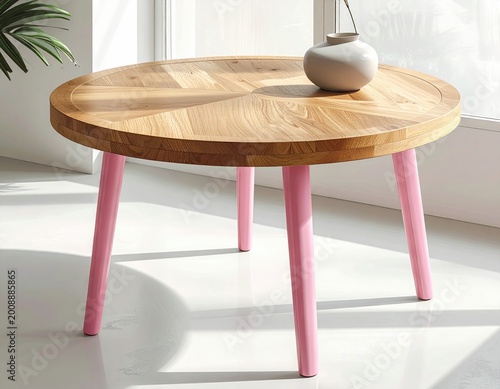 Round wooden table with a chevron pattern, supported by four bright pink tapered legs