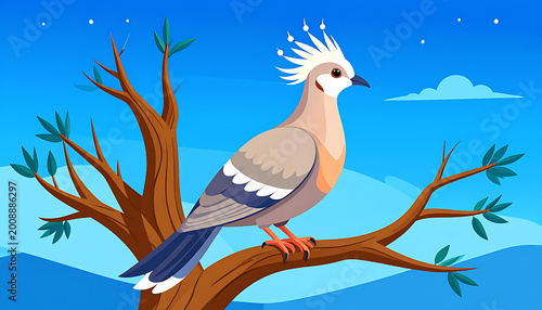 Pixel art crested bird perched on a tree branch against a starry blue sky, with subtle mountain outlines in the background, evocative of a serene night scene