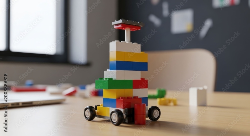 Fototapeta premium Colorful Lego Car Toy on Wooden Table with Window and Chair in Background.