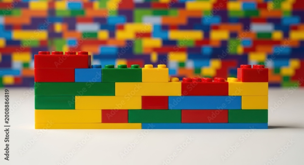 Fototapeta premium Colorful Lego Brick Wall Construction - A Creative and Educational Building Block Concept.