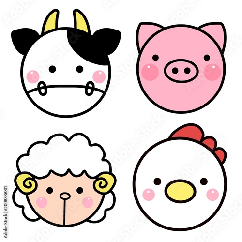 Set of Cute Cartoon Farm Animal Faces Vector Illustration