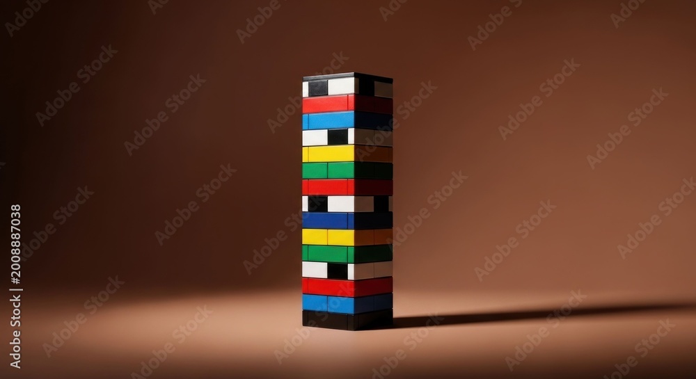 Fototapeta premium Colorful Lego Tower - A Vibrant Stack of Building Blocks on Brown Background.