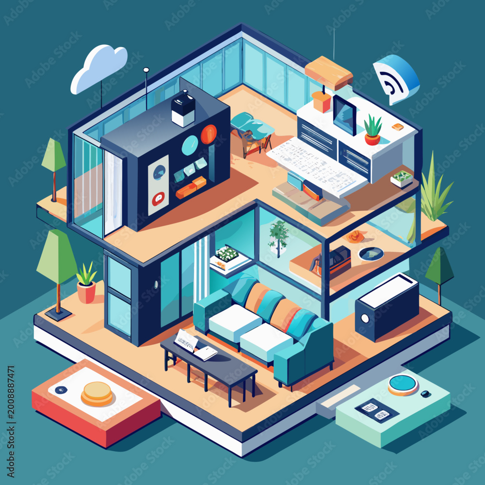 Fototapeta premium Smart Home Cutaway Interior Isometric Vector Illustration