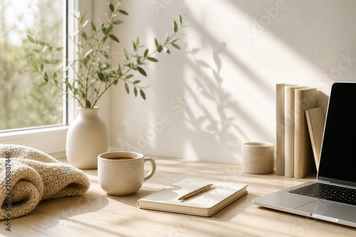 Minimal Cozy Workspace with Coffee and Natural Light