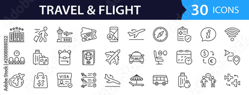 Flight and Travel Web Icon Set in Linear Style. Collection of Airport line icons, including aviation, travel, airplane, passport, airline service, plane, boarding pass, flight and more Editable stroke