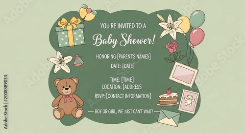Sweet hand-drawn baby shower invitation with teddy bear, gifts, and lilies in soft pastel hues.