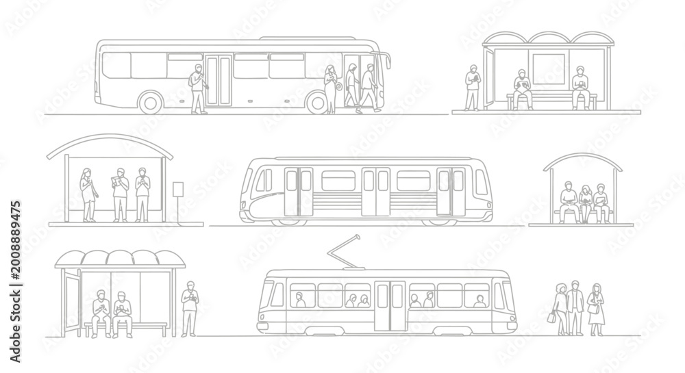 Obraz premium Public Transport Line Art: Bus, Tram, Subway Stations with People Waiting
