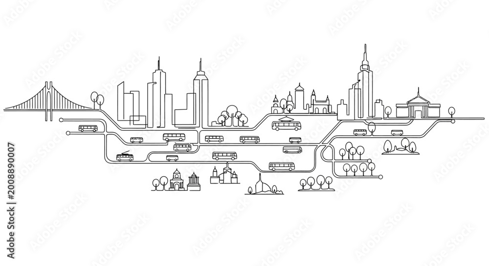 Fototapeta premium Modern Cityscape Outline with Transportation Network and Green Spaces