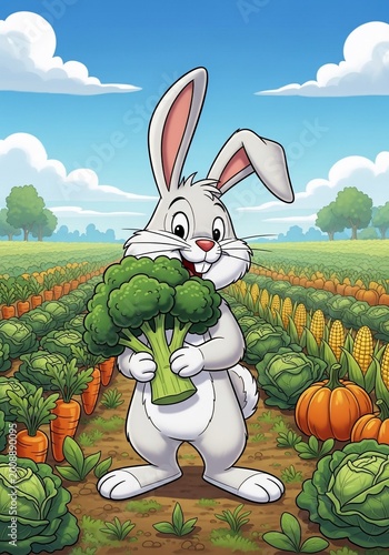 Joyful Rabbit's Fresh Harvest: Bright cartoon illustration of a happy bunny with broccoli in a vibrant vegetable field.