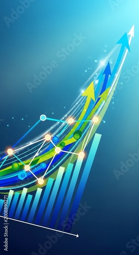 Abstract digital art: Ascending blue and green graph lines streak into bright sky, symbolizing progress and innovation.