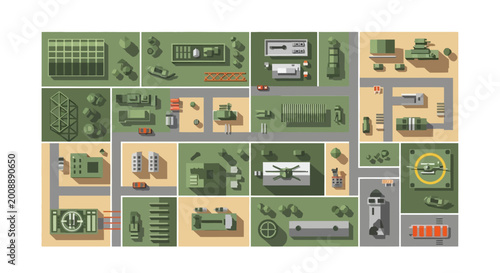 Фотография Top view military base map illustration with various buildings, vehicles and defense facilities in flat vector style