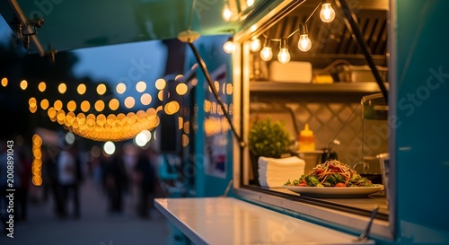 A Delightful Food Truck Offering Fresh Salads and Outdoor Dining Under String Lights at Dusk